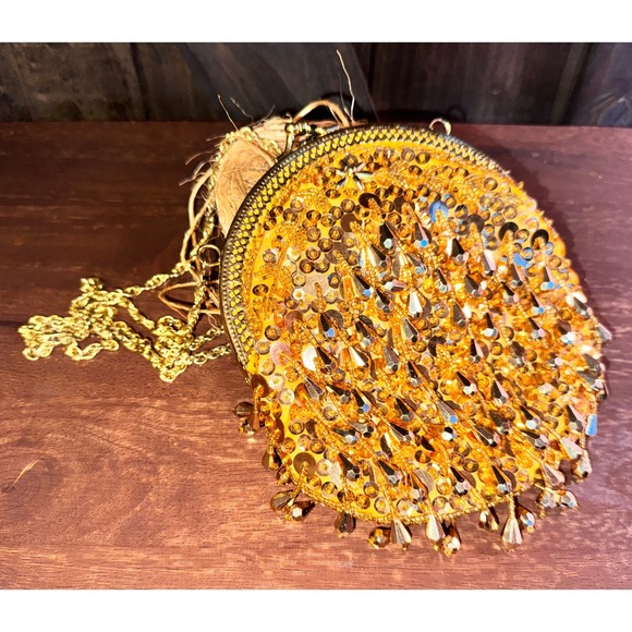 Handbags - Vintage Gold Sequin Beaded Evening Bag Yellow Satin Kiss Lock Chain Strap Purse